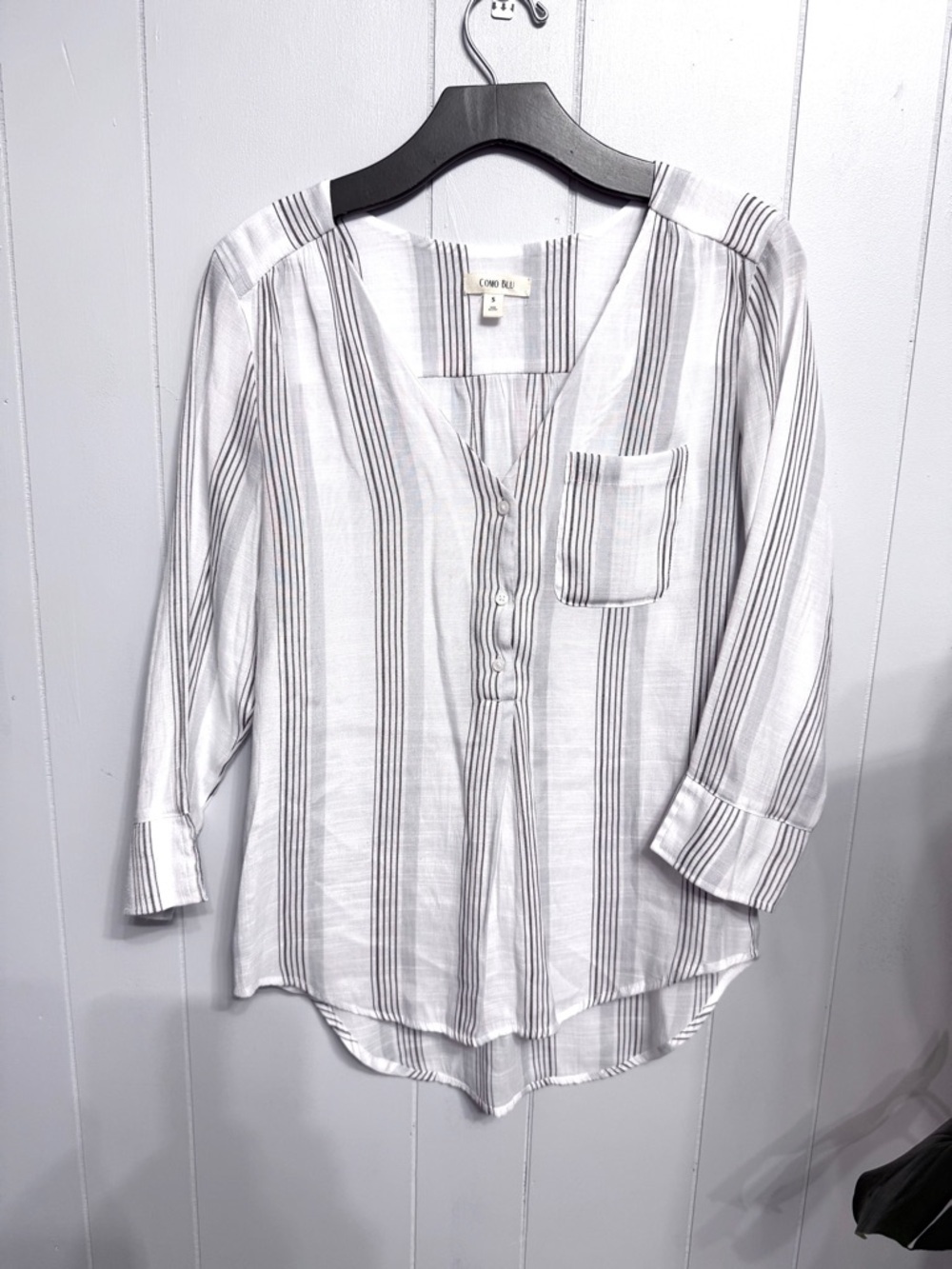 White & Black Striped V-Neck Half Button Front Blouse